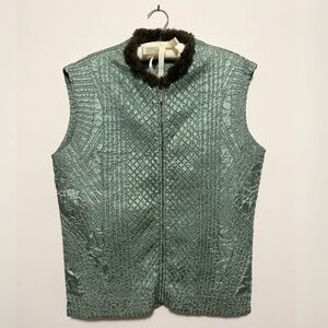 Vintage Green Metallic Faux Fur Trim Collar Zip Vest Women's L